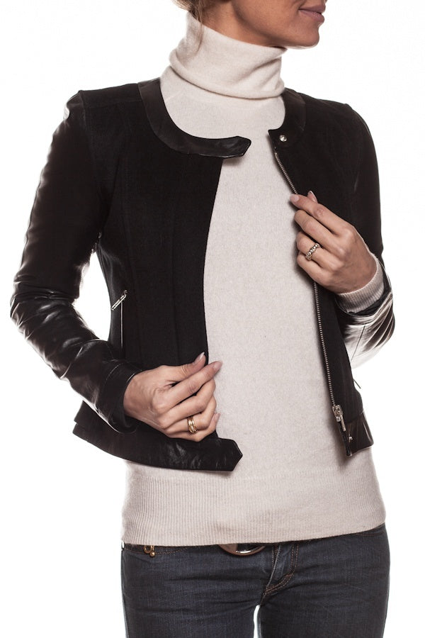 Women's mixed leather and textile jacket - Image n°1