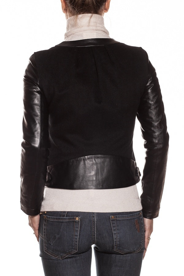 Women's mixed leather and textile jacket - Image n°4