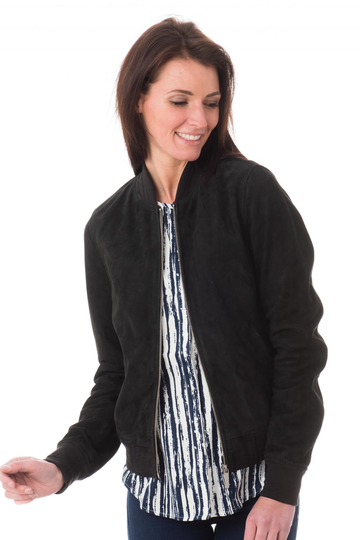 Navy goatskin teddy jacket, supple and slim-fit for everyday elegance. - Image n°1