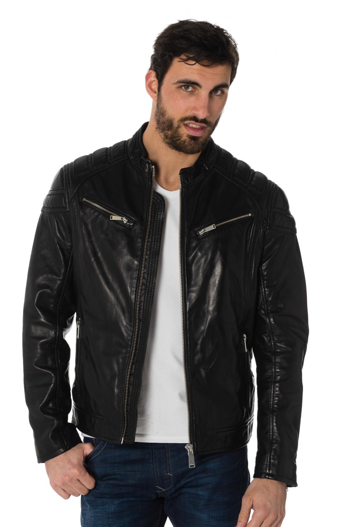 Biker-style jacket in black sheepskin - Image n°3