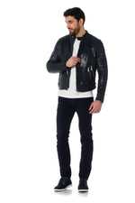  Distressed navy blue sheepskin leather jacket - Image n°2