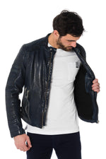  Distressed navy blue sheepskin leather jacket - Image n°4