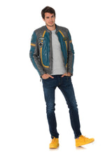 Gray/blue sheepskin leather biker jacket - Image n°2