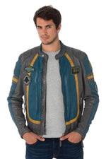 Gray/blue sheepskin leather biker jacket - Image n°3