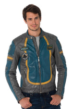 Gray/blue sheepskin leather biker jacket - Image n°1