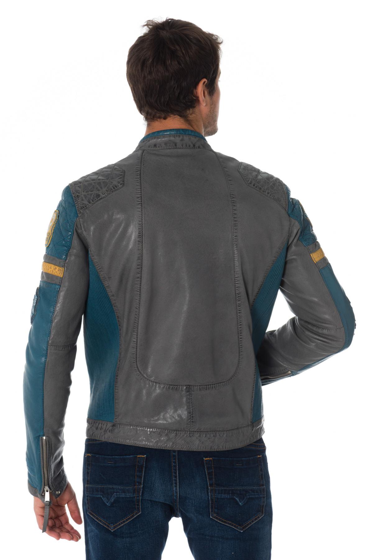 Gray/blue sheepskin leather biker jacket - Image n°6