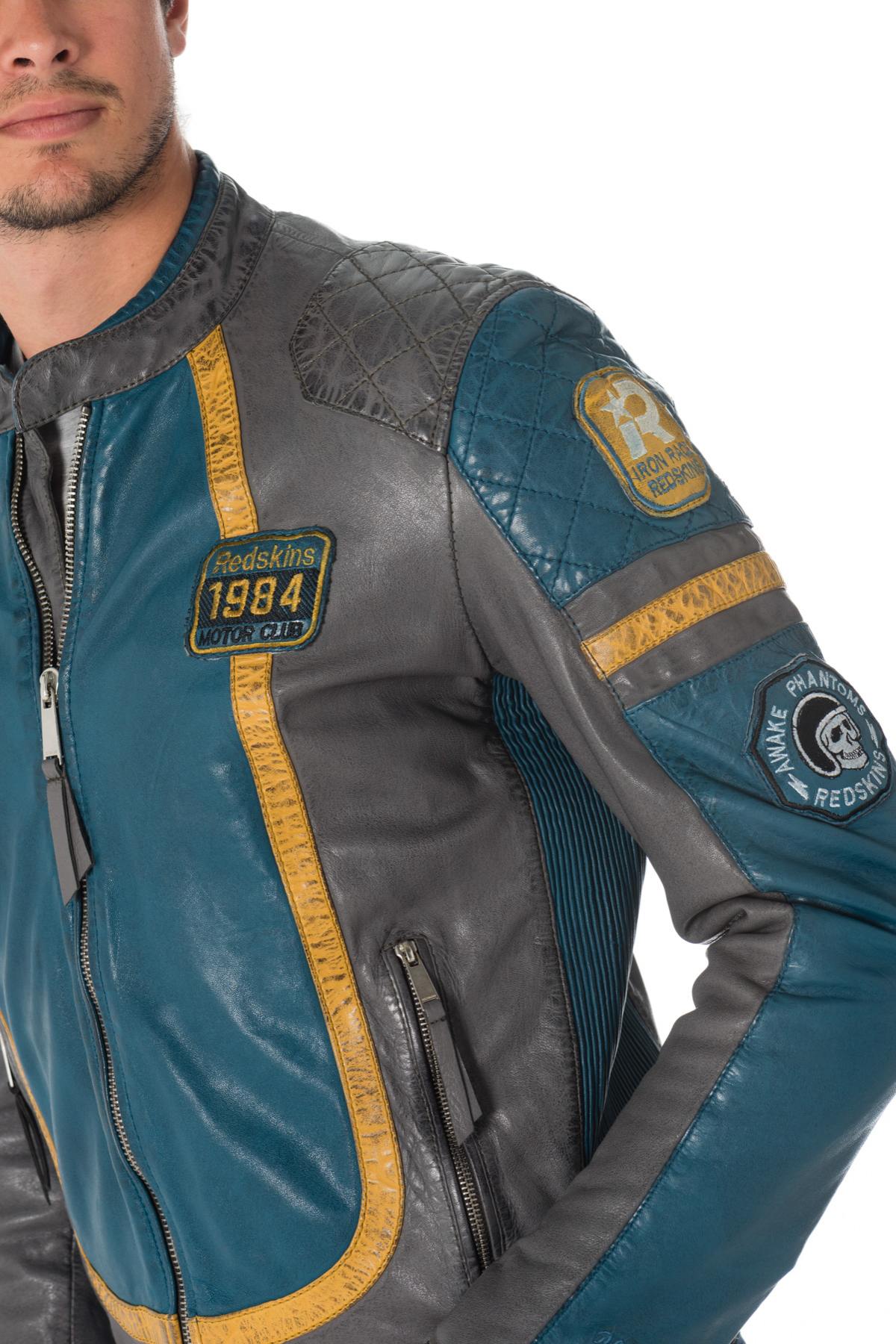 Gray/blue sheepskin leather biker jacket - Image n°7