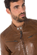 Redskins' cognac sheep leather biker jacket. Slim fit, zip details. - Image n°3