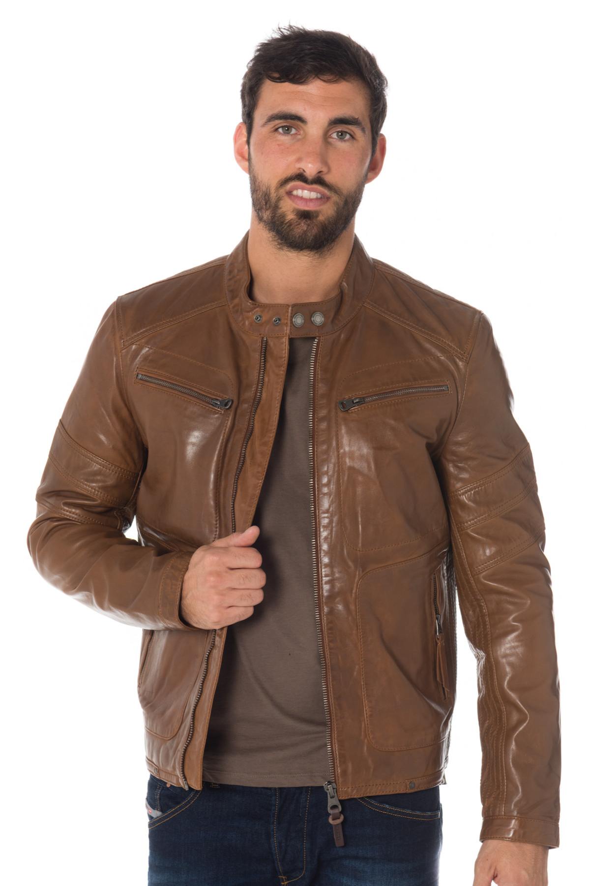 Redskins' cognac sheep leather biker jacket. Slim fit, zip details. - Image n°1