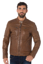 Redskins' cognac sheep leather biker jacket. Slim fit, zip details. - Image n°6