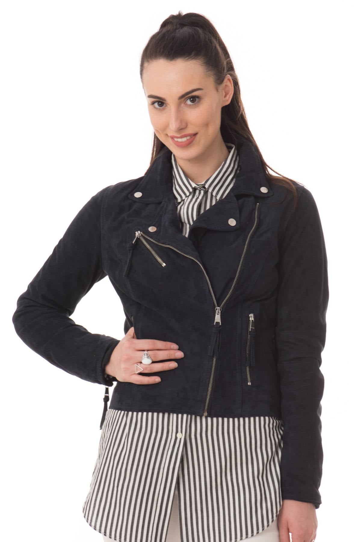 Soft navy suede goatskin biker jacket, lightweight and fluid. - Image n°4