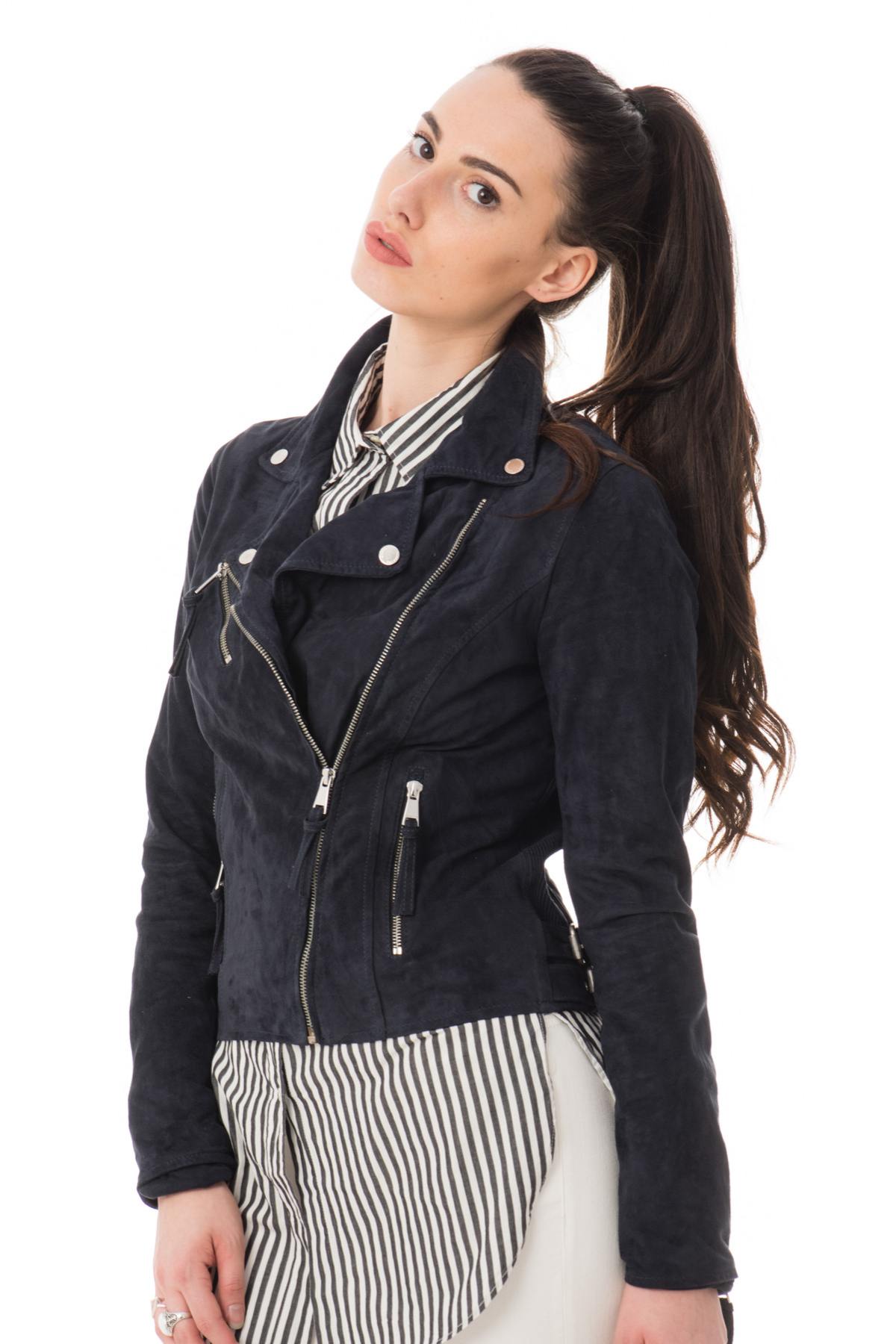 Soft navy suede goatskin biker jacket, lightweight and fluid. - Image n°1