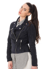Soft navy suede goatskin biker jacket, lightweight and fluid. - Image n°1