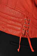 Redskins' red lambskin biker jacket: matelassé shoulders, zip details. - Image n°6