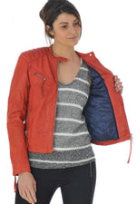 Redskins' red lambskin biker jacket: matelassé shoulders, zip details. - Image n°4
