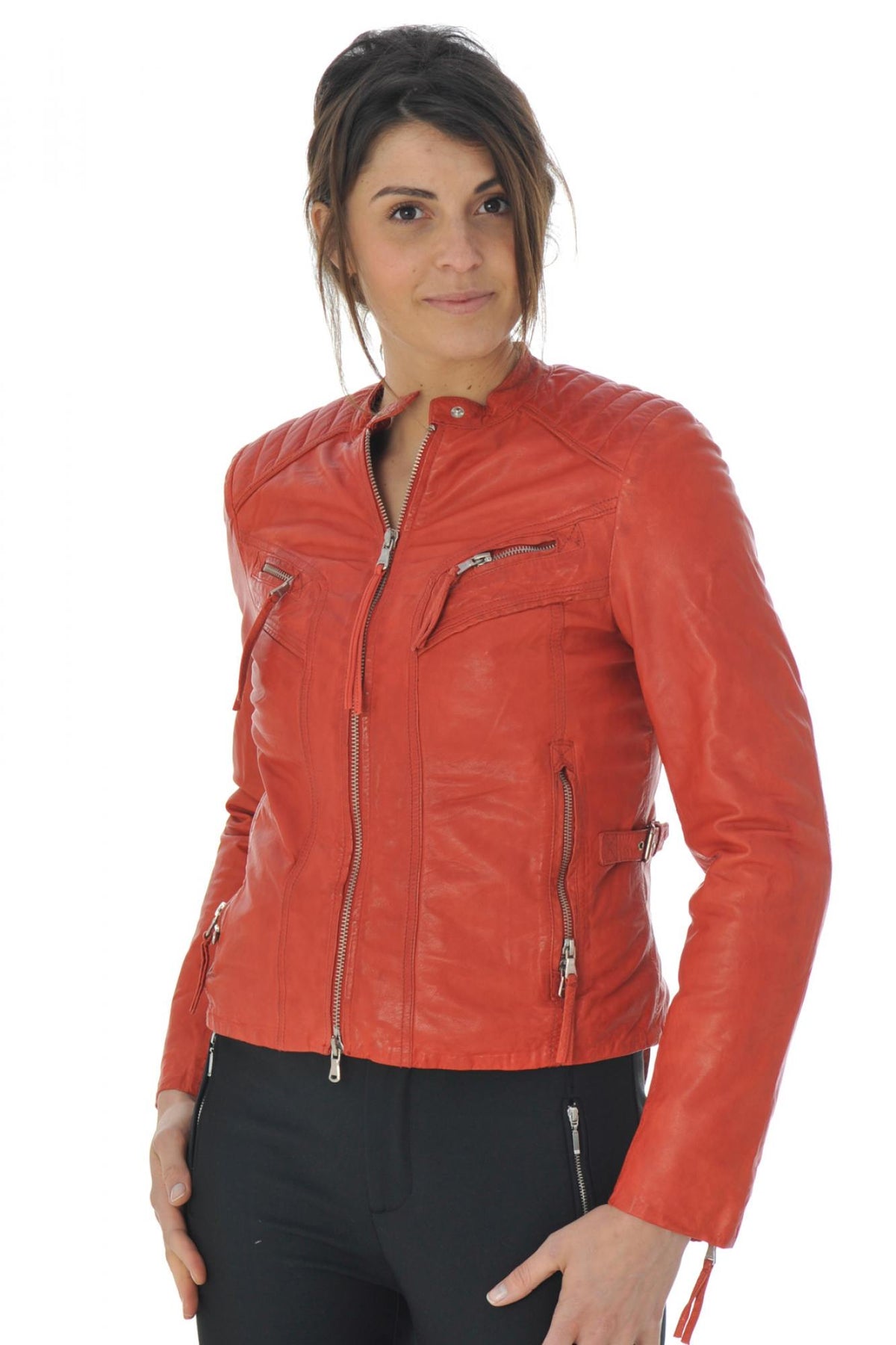 Redskins' red lambskin biker jacket: matelassé shoulders, zip details. - Image n°3