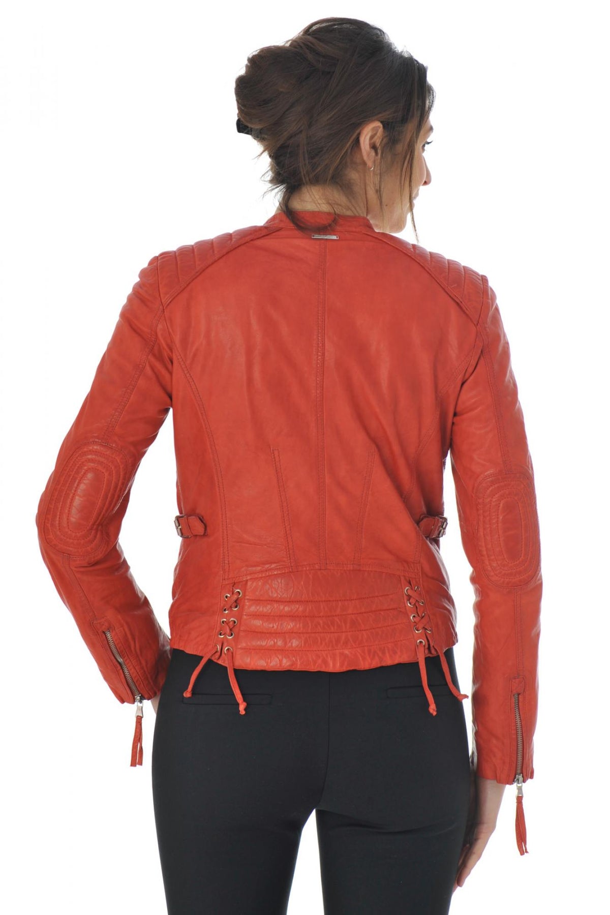 Redskins' red lambskin biker jacket: matelassé shoulders, zip details. - Image n°5