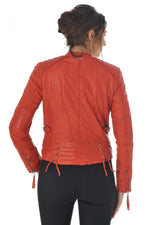 Redskins' red lambskin biker jacket: matelassé shoulders, zip details. - Image n°5