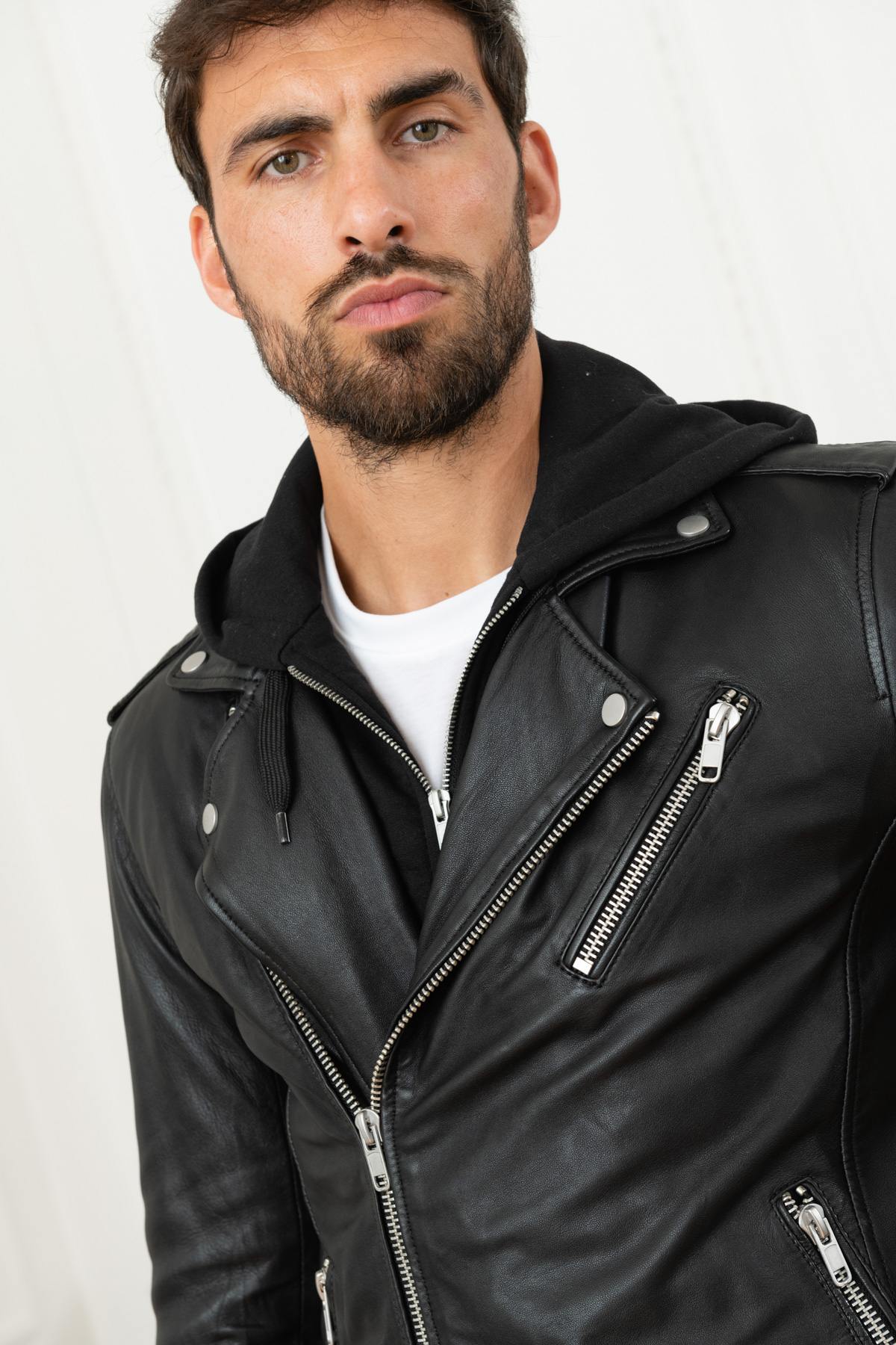 Serge Pariente's black lambskin jacket zip-off hood for rock and sport - Image n°6