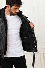 Serge Pariente's black lambskin jacket zip-off hood for rock and sport - Image n°4