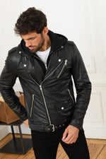 Serge Pariente's black lambskin jacket zip-off hood for rock and sport - Image n°3