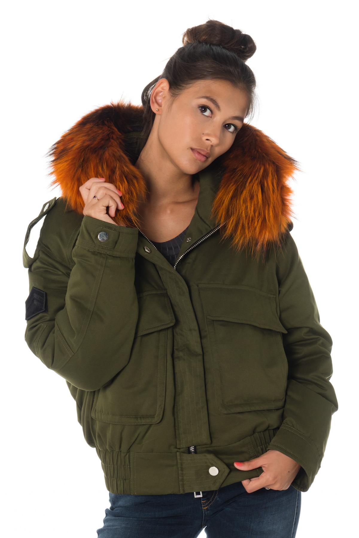 Women’s Khaki Jacket with Hood and Orange Fur - Image n°3