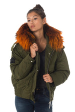 Women’s Khaki Jacket with Hood and Orange Fur - Image n°1