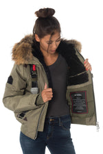 Khaki polyester jacket with natural raccoon fur - Image n°4
