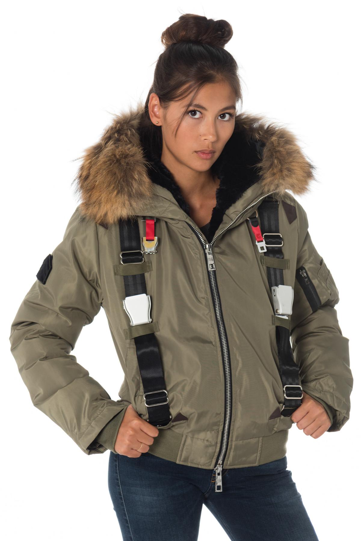 Khaki polyester jacket with natural raccoon fur - Image n°1