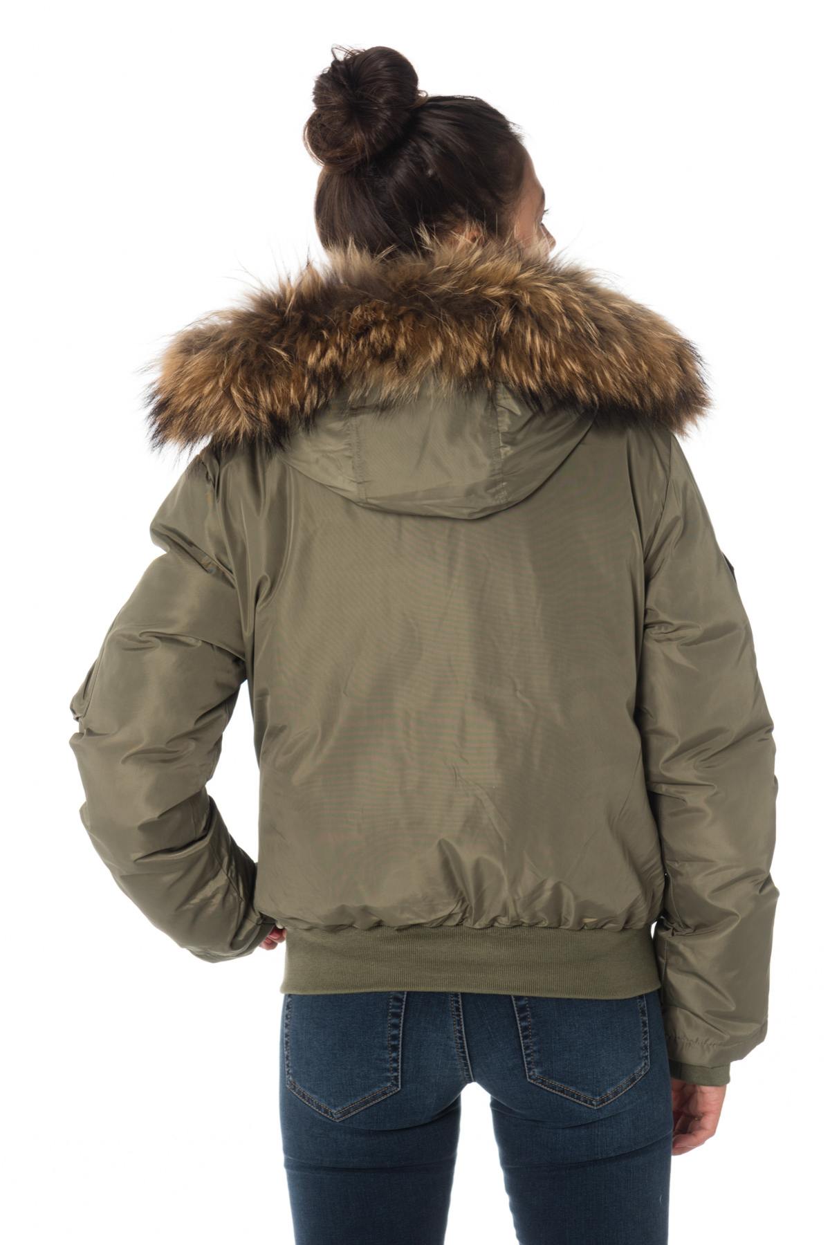 Khaki polyester jacket with natural raccoon fur - Image n°5