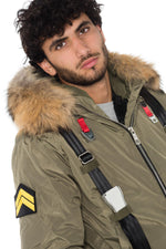 Men's khaki hooded bomber jacket with straps - Image n°8