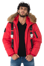 Men’s Red Hooded Bomber with Fur - Image n°1