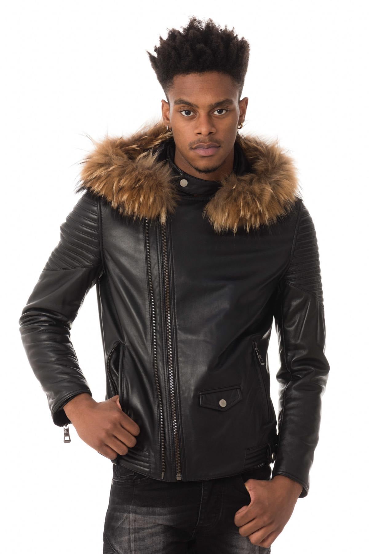 Lambskin jacket with fur hood and quilted shoulders by Giovanni. - Image n°1