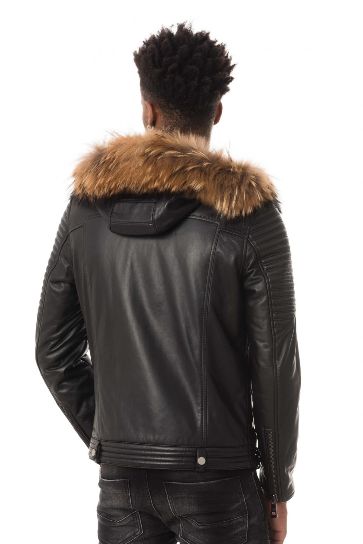 Lambskin jacket with fur hood and quilted shoulders by Giovanni. - Image n°5