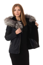 Iridescent navy shearling with fox-fur hood-effortless elegance. - Image n°6