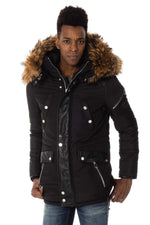Horspist men's black parka with natural collar - Image n°1