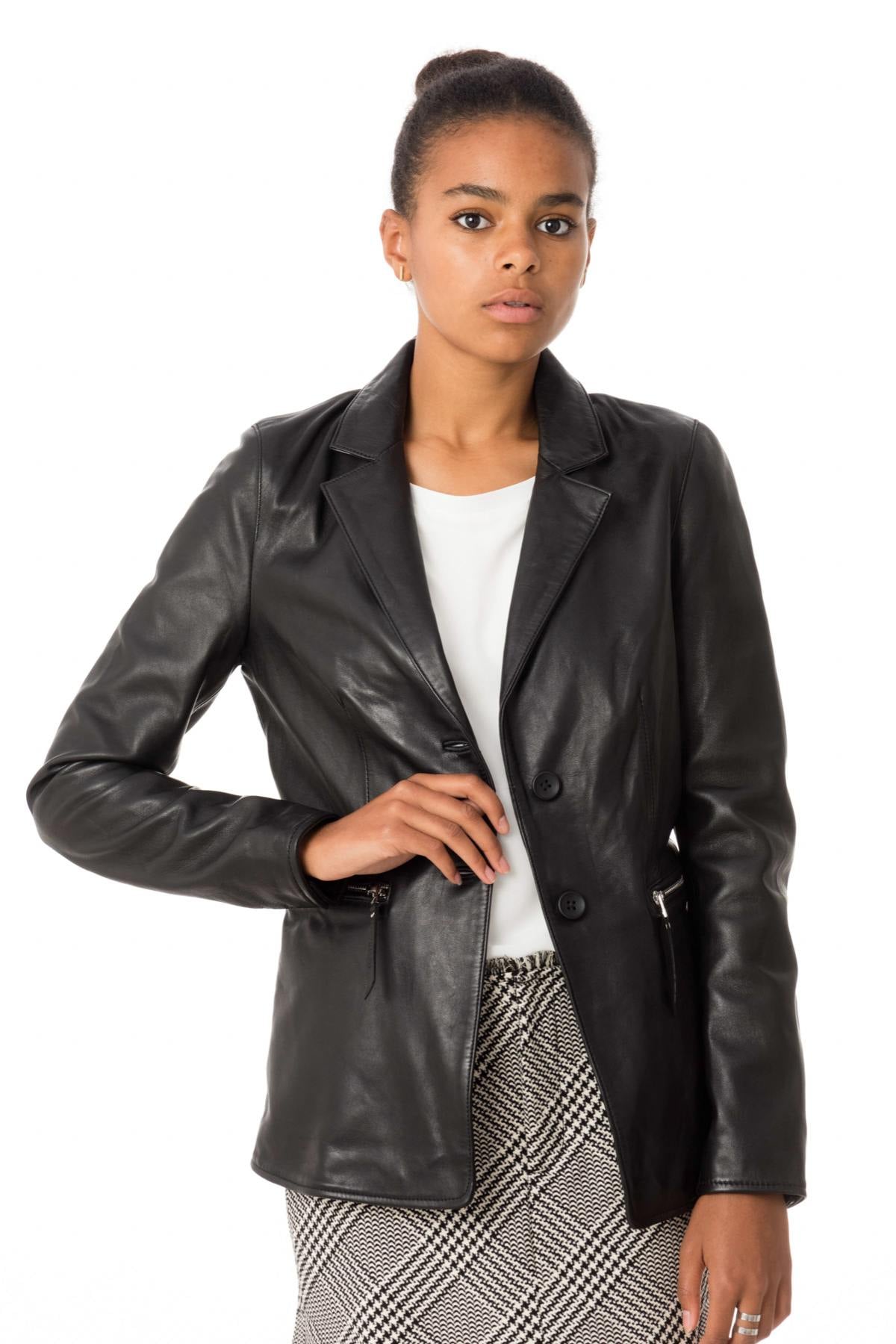 Black lambskin blazer, slim fit, zip pockets, lightweight and soft. - Image n°1