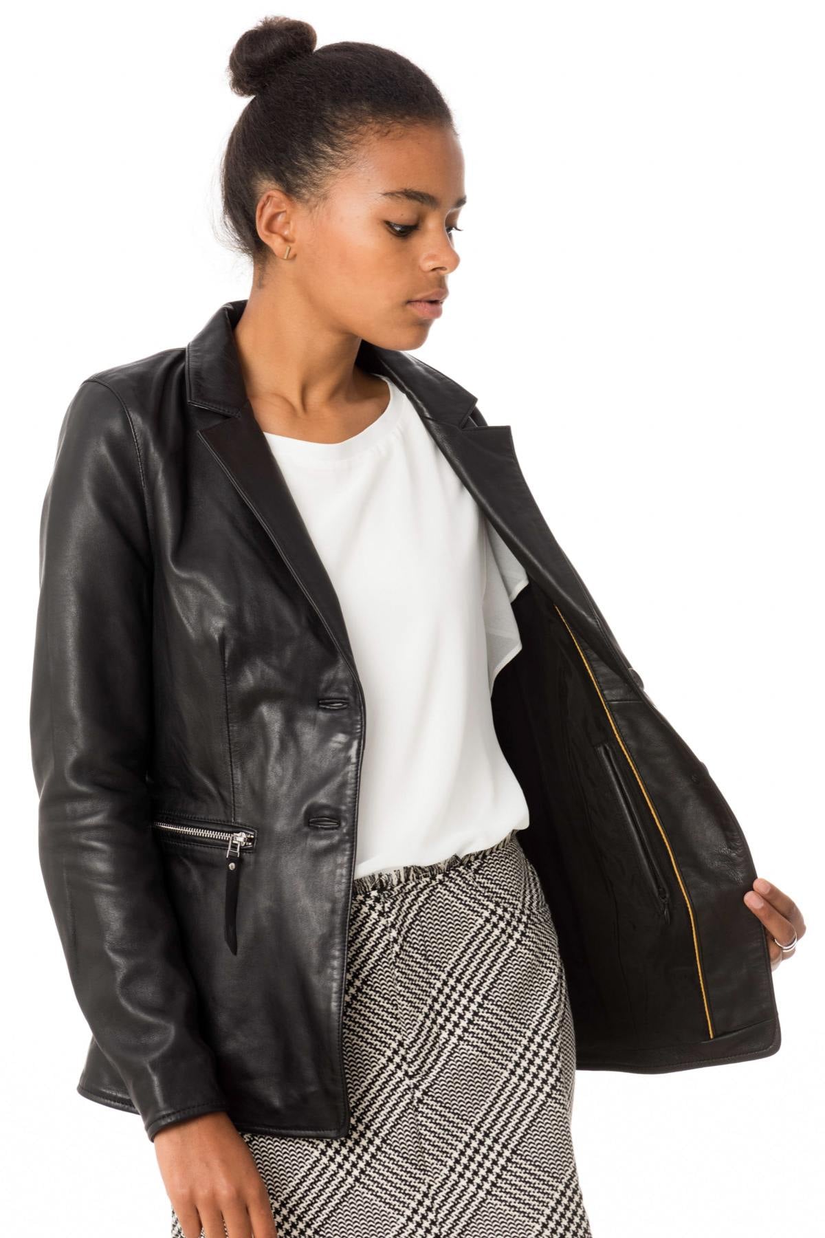 Black lambskin blazer, slim fit, zip pockets, lightweight and soft. - Image n°6