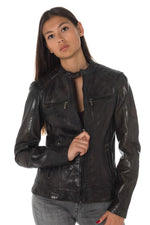 Aged olive lambskin jacket, slim fit. Matelassé shoulders for edge. - Image n°1