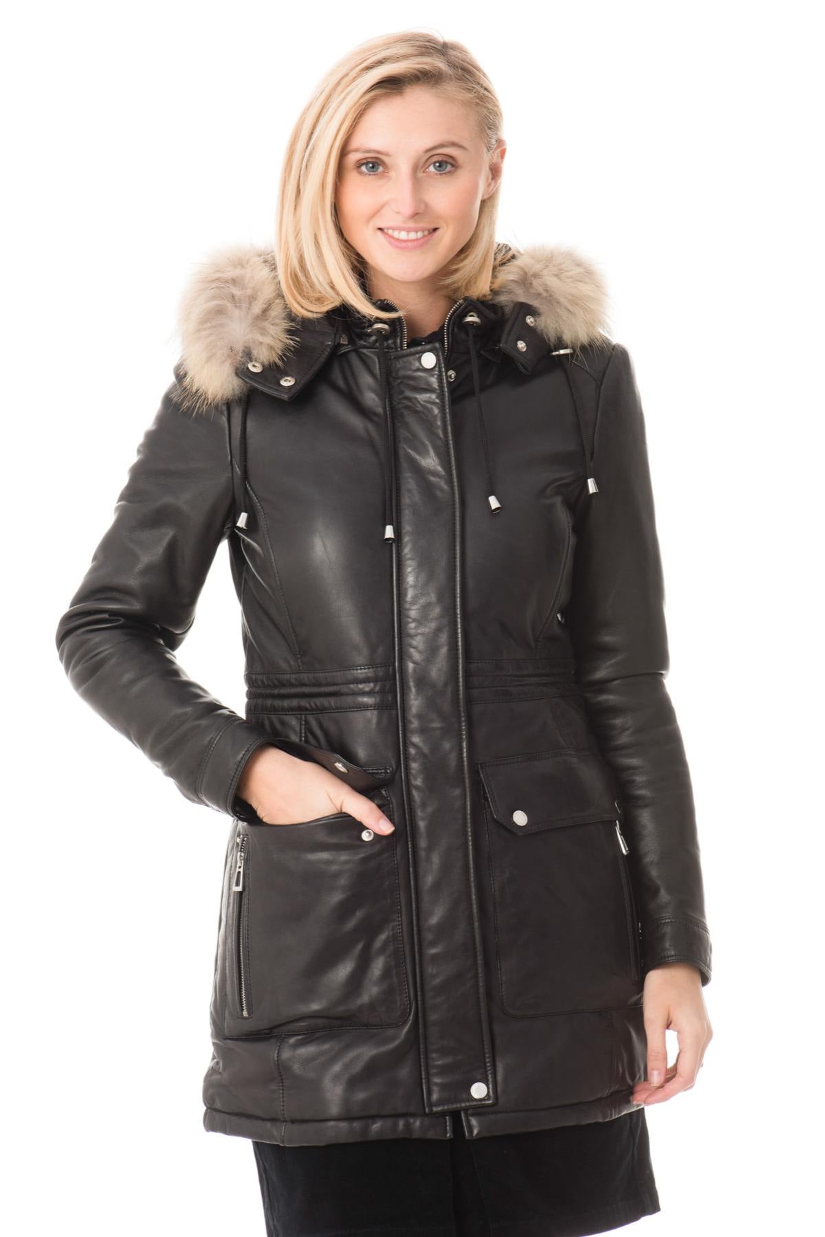 Black sheep leather anorak with fur-lined detachable hood. - Image n°1