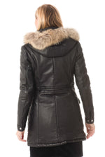 Black sheep leather anorak with fur-lined detachable hood. - Image n°4