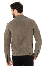 Gray velvet-look goatskin leather Biker Jacket - Image n°5