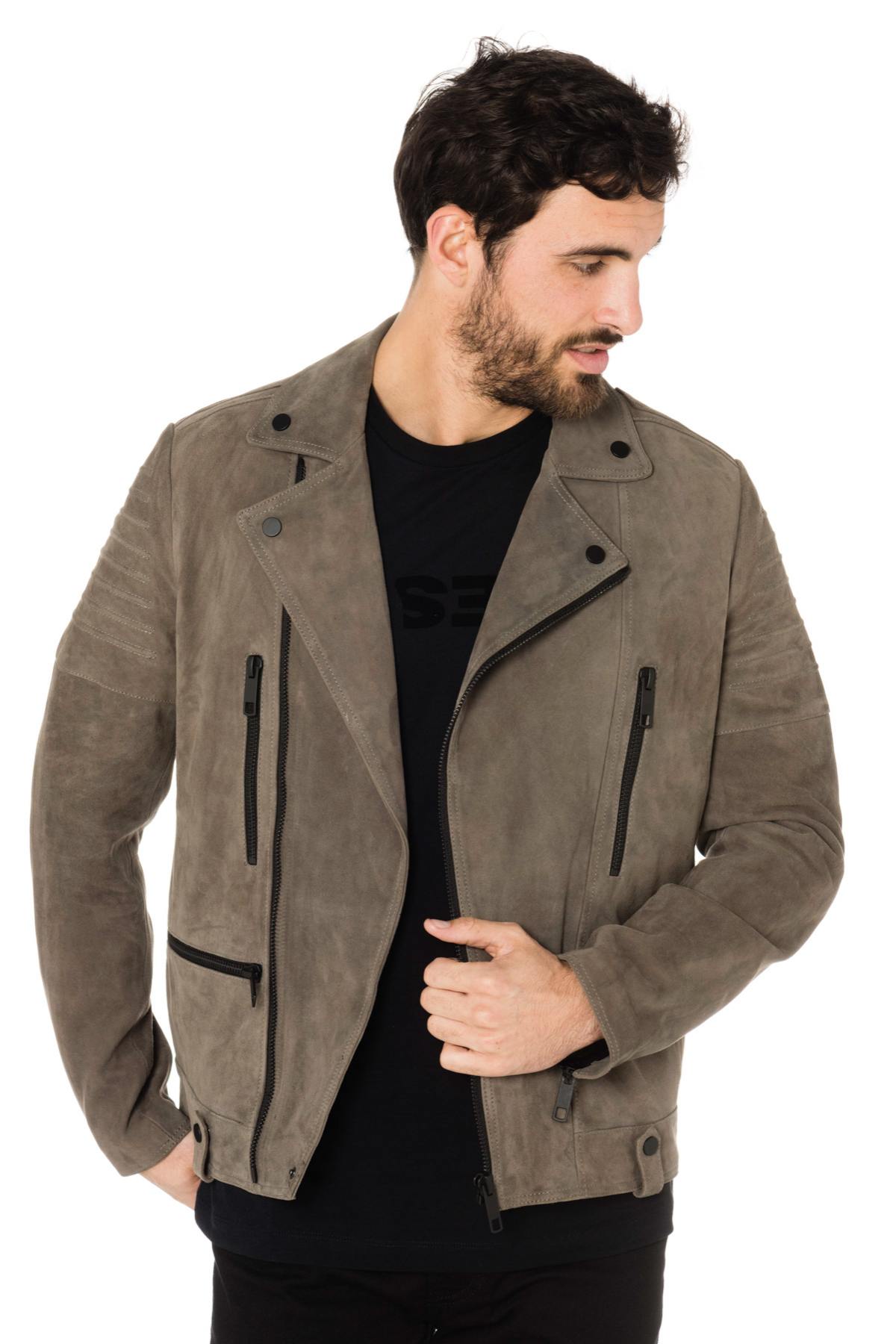Gray velvet-look goatskin leather Biker Jacket - Image n°6