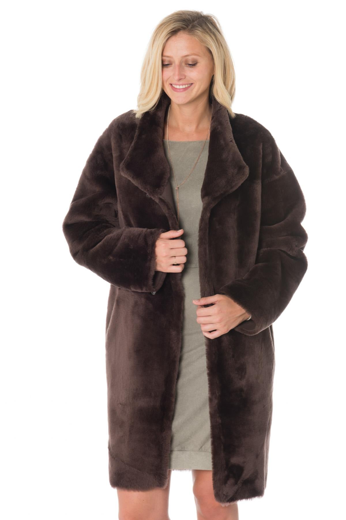 Reversible brown shearling coat-sleek leather or soft fur. - Image n°2