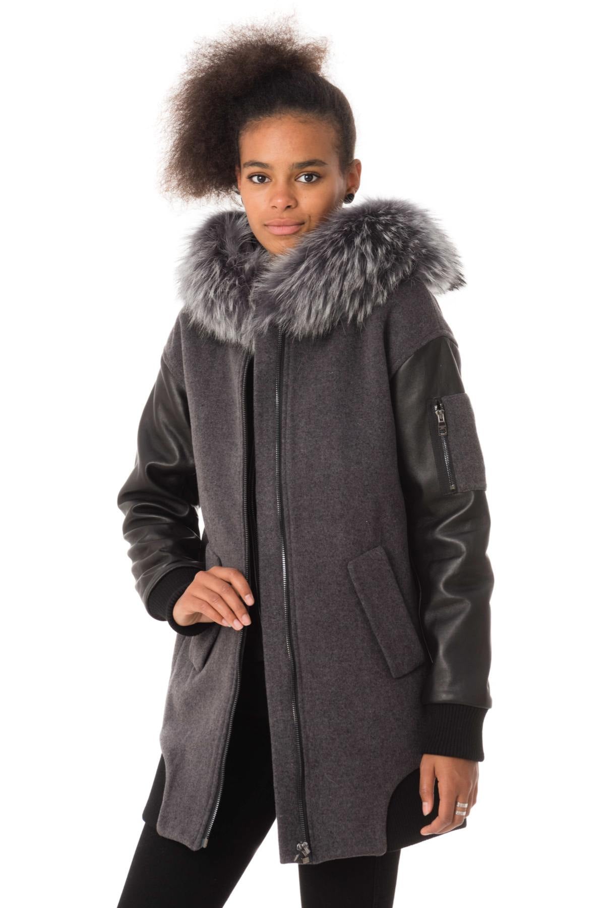 Wool-cashmere anthracite coat with lambskin sleeves. Detachable hood. - Image n°1