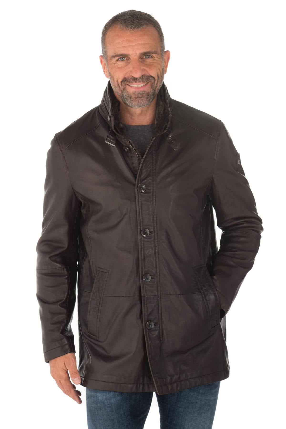 KODY 29: mid-length lambskin coat with detachable vegan-fur collar. - Image n°1