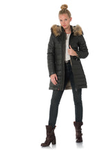 Women's down jacket in dark khaki sheepskin leather with raccoon fur - Image n°2
