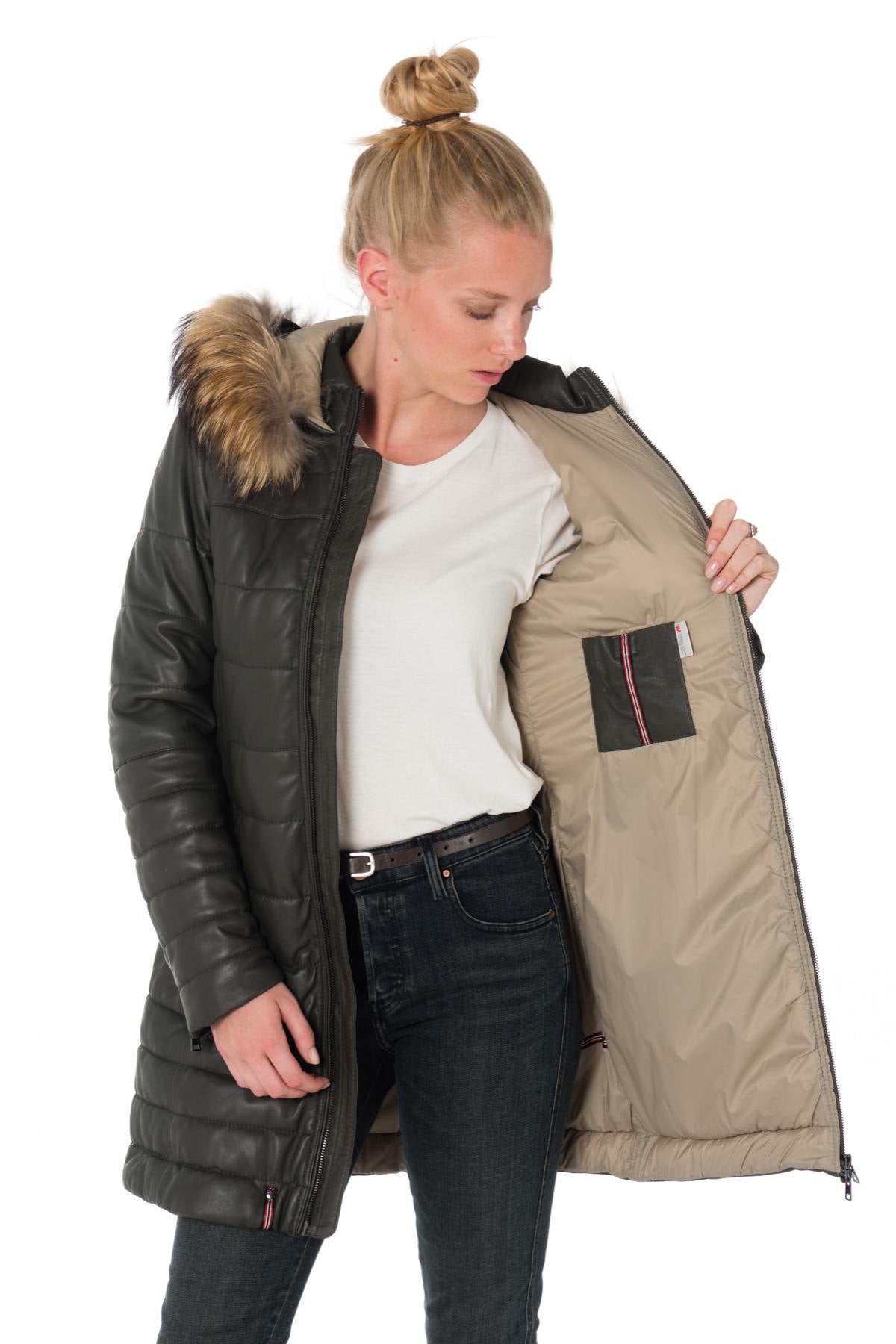 Women's down jacket in dark khaki sheepskin leather with raccoon fur - Image n°5
