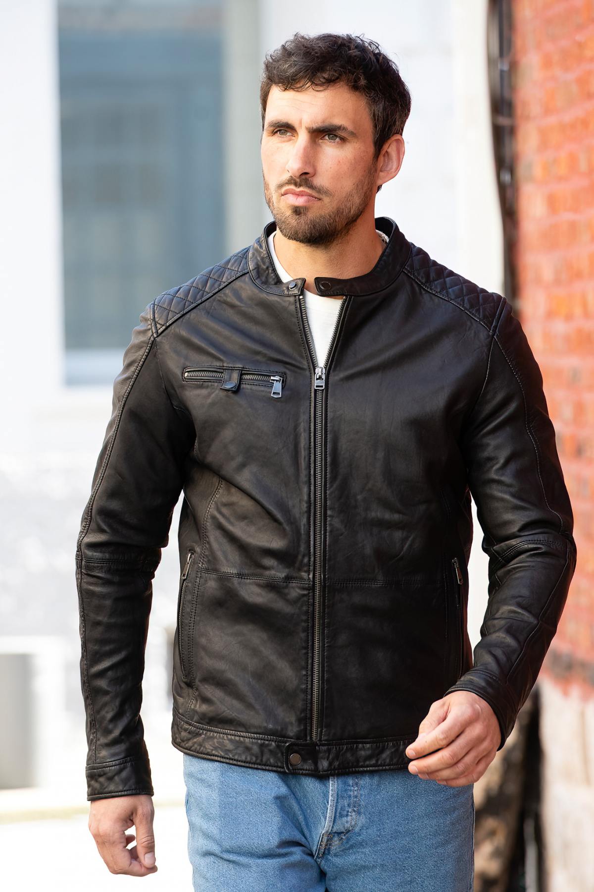 Timeless biker jacket in sheep leather, tailored for larger frames. - Image n°1
