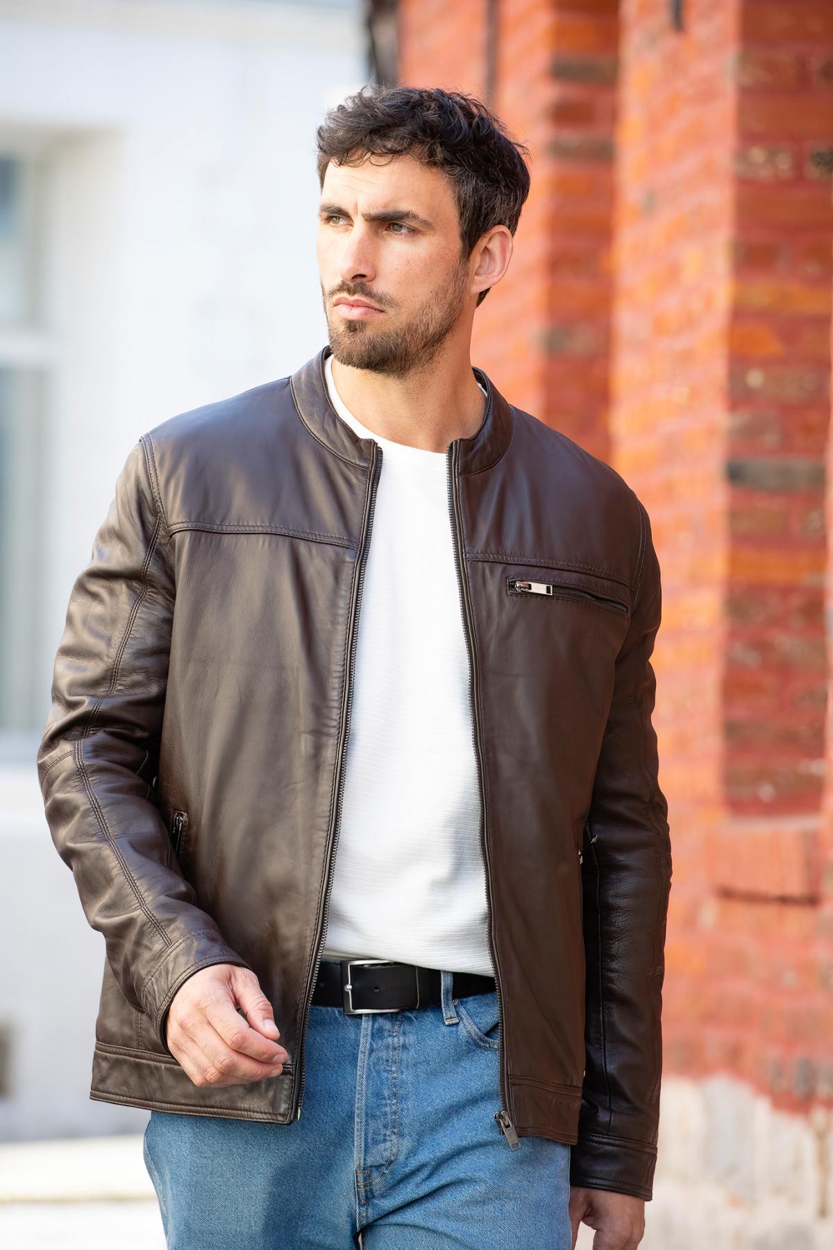 Brown sheepskin jacket with motorbike collar for mid-season style. - Image n°6